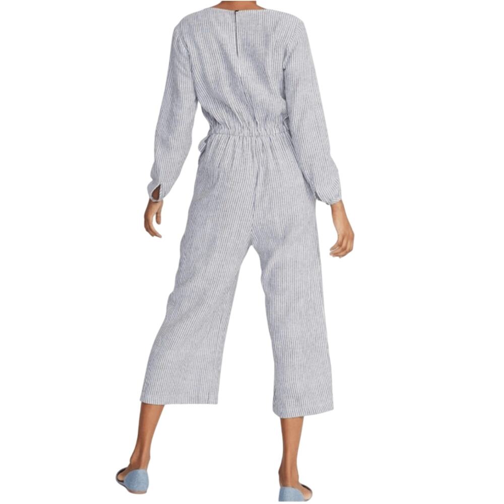 Old Navy Wide Leg Crop Jumpsuit Size S Striped Linen Blend Long Sleeve Tie Waist - Picture 2 of 15